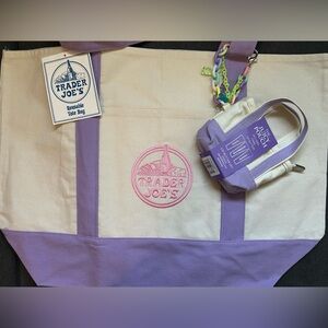 NEW Bundle Trader Joe’s Spring Large Tote Bag Lavender NWT w/bag charm & lippie